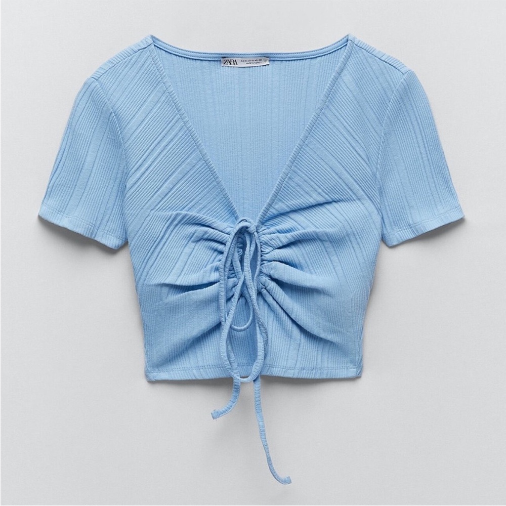 ZARA Ribbed Cut-out Tee in Blue